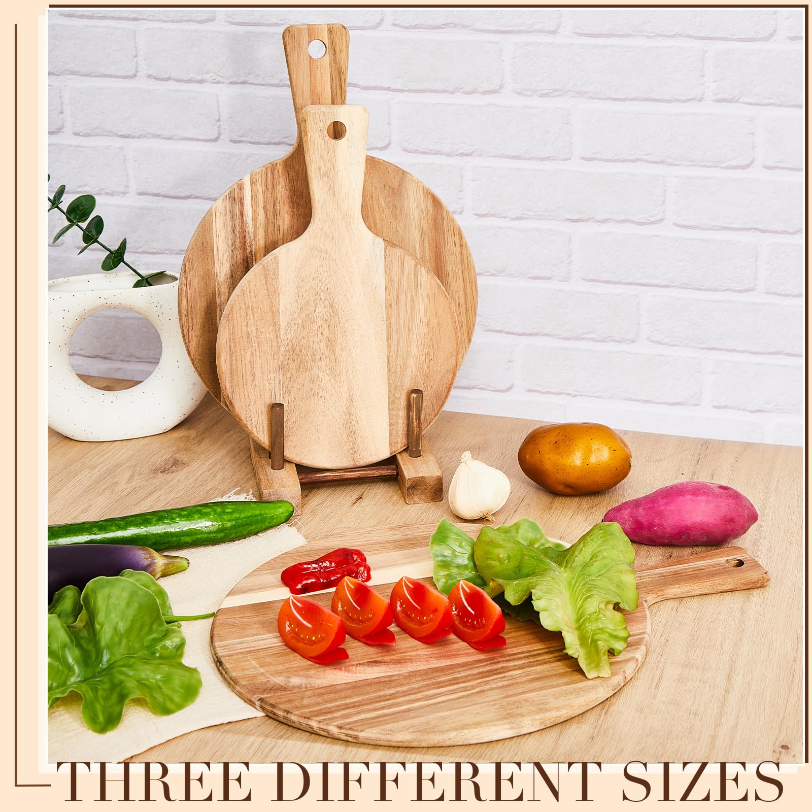 Hushee 3 Pcs Acacia Wood Cutting Board with Handle Round Wooden Chopping Board and Dish Rack Set Serving Platter Pizza Paddle and Plate Rack Stand - WoodArtSupply