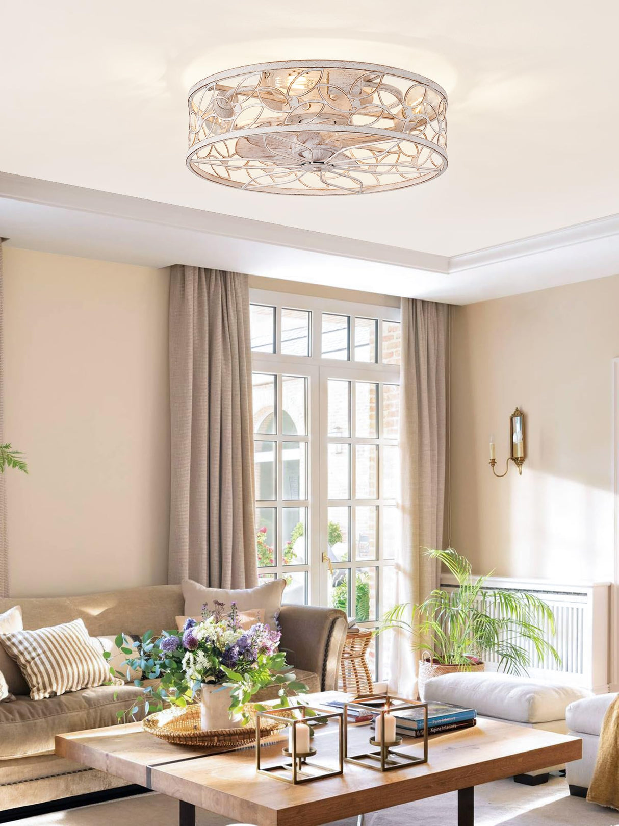 LEDIARY Caged Ceiling Fans with Lights, White Flush Mount Ceiling Fan with Remote, Small Low Profile Bladeless Ceiling Fan Light Fixture for Bedroom, Kitchen, Dining Room-White Gold Color LEDIARY