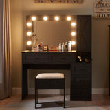 ACCOHOHO Farmhouse Vanity Desk with Mirror and Lights, 43" Wide Makeup Vanity with Glass Tabletop and Charging Station, Modern Vanity Table Set with Storage and Stool for Bedroom, Black ACCOHOHO