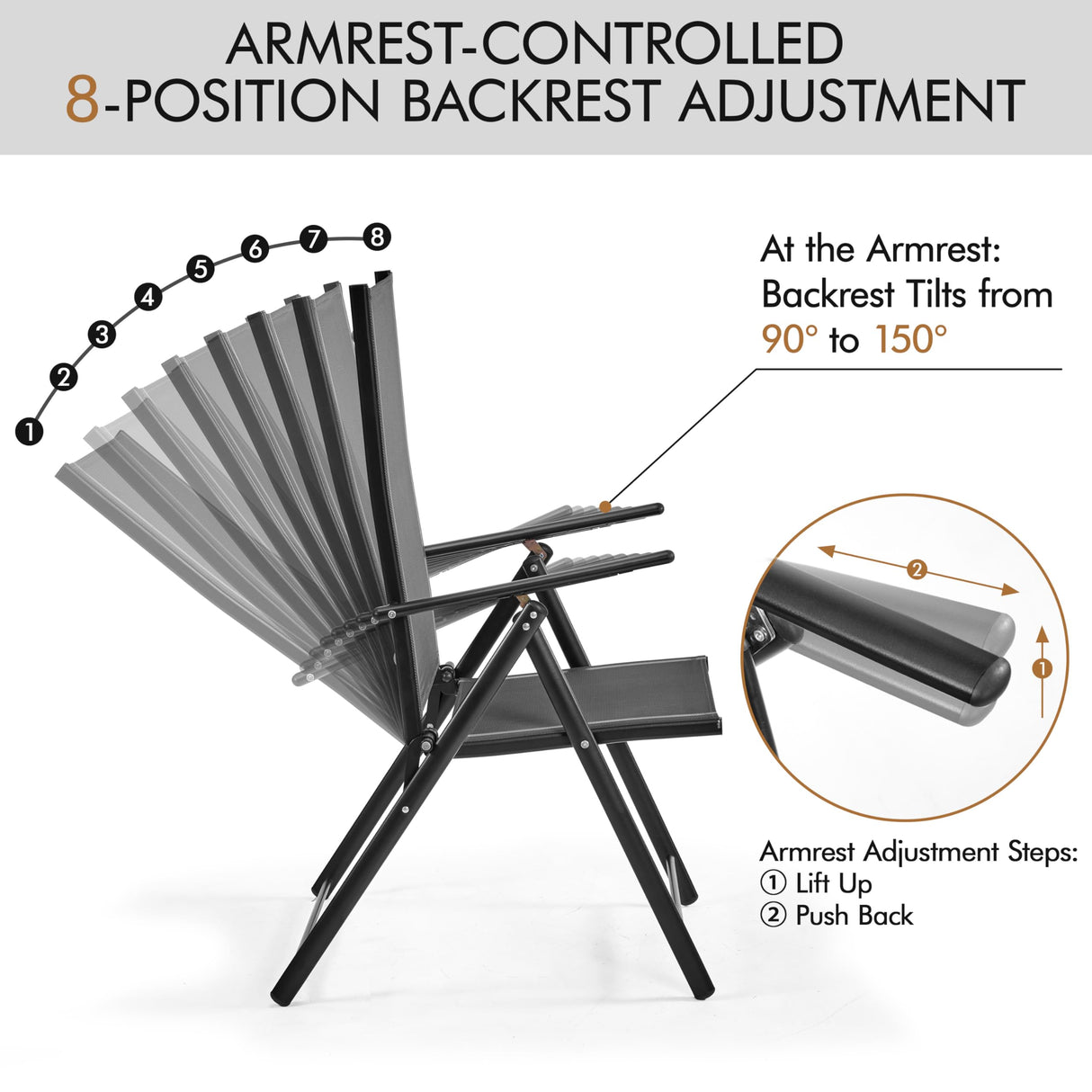 Yaheetech Patio Folding Dining Chairs Set of 2, Stackable Outdoor Lawn Chairs with 8 Adjustable Back Positions and Armrest for Garden, Lawn, Yard and Beach, Dark Gray Yaheetech