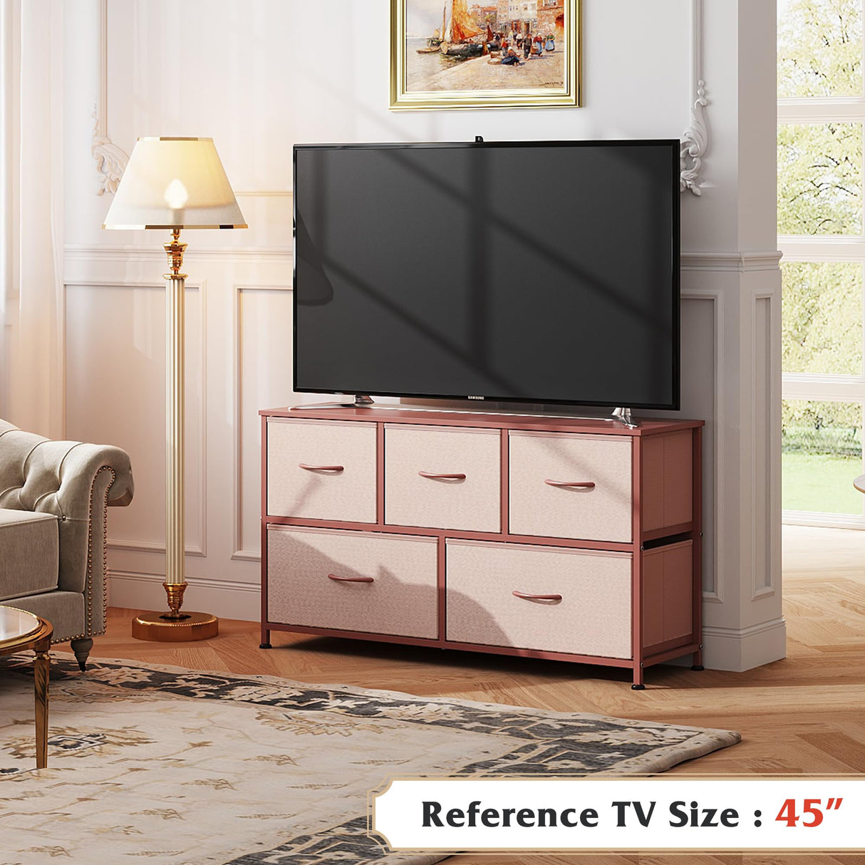 WLIVE Dresser for Bedroom with 5 Drawers, Wide Chest of Drawers, Fabric Dresser, Storage Organization Unit with Fabric Bins for Closet, Living Room, Hallway, Pink and Rose Gold WLIVE
