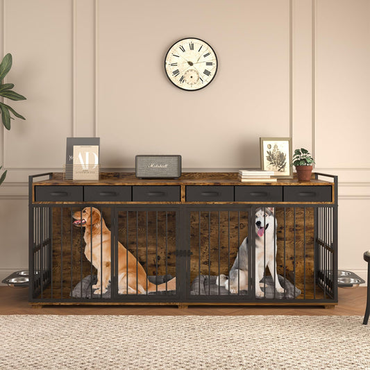 86.6" Large Double Dog Crate Furniture,Heavy Duty Metal Frame Wooden Dog Kennel with 360°Rotatable Dog Feeder Bowls and Drawers TV Stand Dog Crate for 2 Dogs Indoor Chew Proof,Rustic Brown