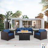 4 Piece Patio Furniture Set 45 Inches Fire Pit Table Outdoor Furniture Sets Patio Couch Outdoor Chairs 50000 BTU Propane Fire Pit with Non-Slip Cushions and Waterproof Covers, Navy Blue Rattan Star