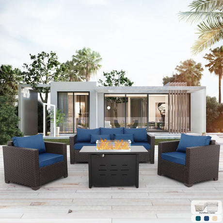 4 Piece Patio Furniture Set 45 Inches Fire Pit Table Outdoor Furniture Sets Patio Couch Outdoor Chairs 50000 BTU Propane Fire Pit with Non-Slip Cushions and Waterproof Covers, Navy Blue Rattan Star