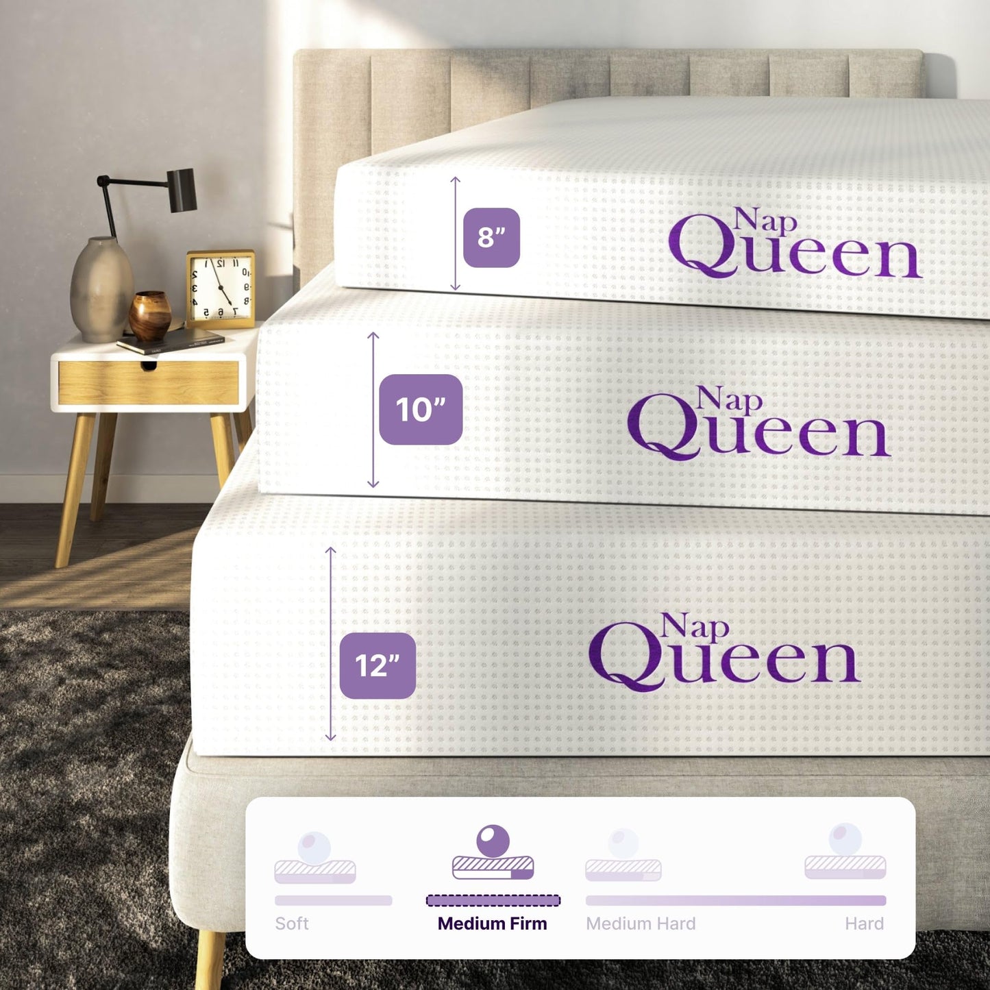 NapQueen 12 Inch Queen Size Mattress, Bamboo Charcoal Memory Foam Mattress, Bed in a Box,White