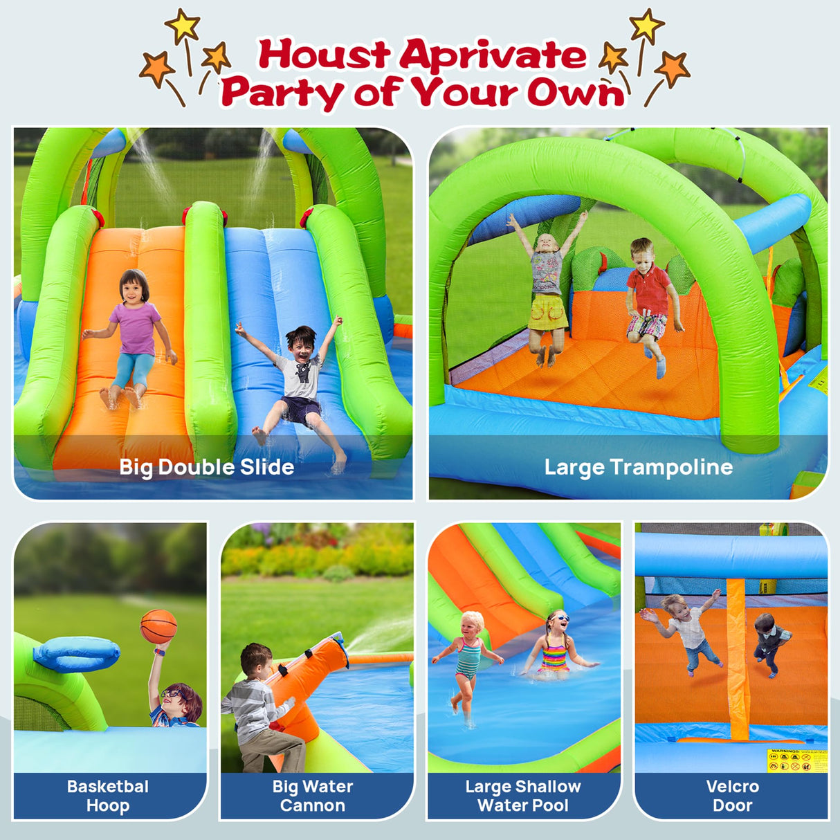 WELLFUNTIME Inflatable Water Park with Blower, and Bouncy House with Double Slide with Water Cannon and Basketball Ring WELLFUNTIME