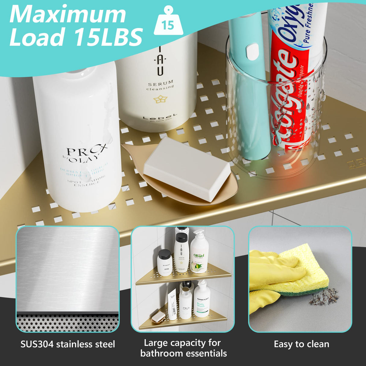 Qeke 2 Pack Bathroom Corner Shelf, Recessed 12" Corner Shower Shelf, SUS304 Stainless Steel Triangular Wall Mount, No Drilling, Brushed Golden Qeke