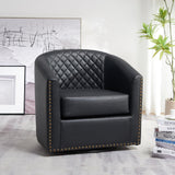 KINWELL 29" Wide Tufted Faux Leather Swivel Barrel Chair, PU Leather Modern Upholstered Accent Chairs with Nailhead Trim, Small Armchair for Living Room Bedroom, Black KINWELL