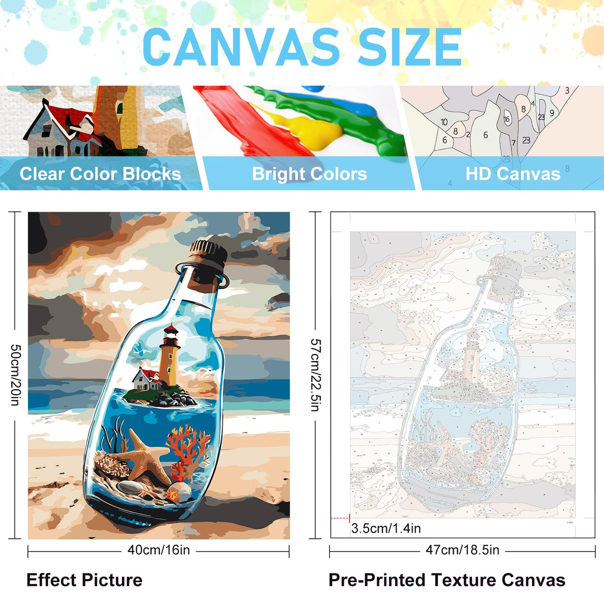 Paint by Numbers Kit for Adults - Beach Bottle Acrylic Adult Paint by Number Kits on Canvas for Beginner, Seaside Lighthouse DIY Oil Painting by Numbers for Adults, Perfect for Home Decor Gift 16"x20" Offito