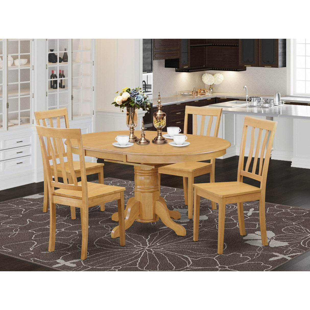 East West Furniture AVAT5-OAK-W 5 Piece Kitchen Table Set for 4 Includes an Oval Dining Room Table with Butterfly Leaf and 4 Solid Wood Seat Chairs, 42x60 Inch, Oak East West Furniture