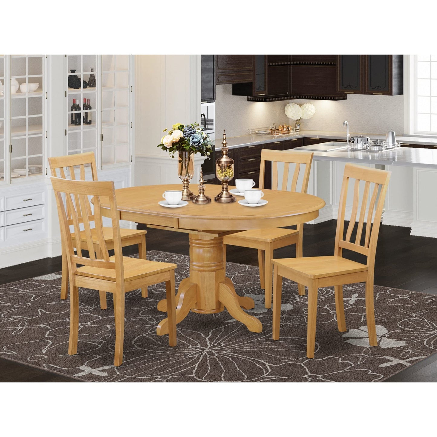 East West Furniture AVAT5-OAK-W 5 Piece Kitchen Table Set for 4 Includes an Oval Dining Room Table with Butterfly Leaf and 4 Solid Wood Seat Chairs, 42x60 Inch, Oak - WoodArtSupply