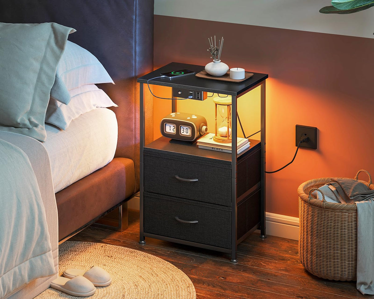 Casaottima Night Stand with Charging Station and LED Lights, End Table for Bedroom with 2 Fabric Drawers, Small Nightstand with Storage Shelf, Bed Side Bedside Table, Black Casaottima