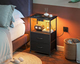 Casaottima Night Stand with Charging Station and LED Lights, End Table for Bedroom with 2 Fabric Drawers, Small Nightstand with Storage Shelf, Bed Side Bedside Table, Black Casaottima