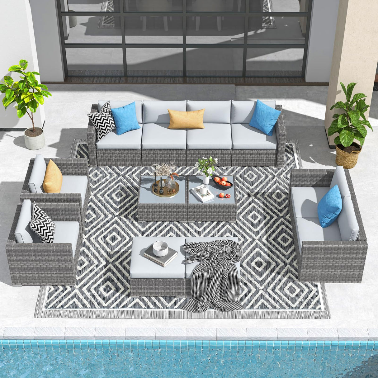 Patiorama 12 Piece Patio Furniture Set, Outdoor Sectional Sofa, All-Weather Grey PE Wicker Rattan Conversation Set, Patio Couch Furniture Set w/Coffee Table for Balcony Garden Pool(Light Grey Cushion) Patiorama