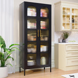 YILFANA 71” Tall Glass Cabinet, Display Case with Glass Doors and Lights, Metal Storage Cabinets, Hutch Cabinet with Adjustable Shelves, Storage Cabinets for Dining Room, Living Room,Kitchen, Black YILFANA