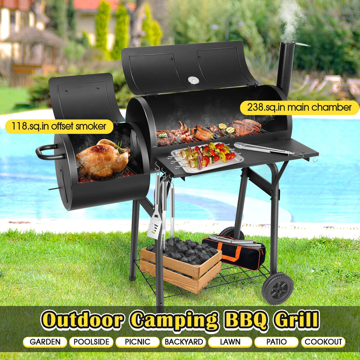 Barrel Charcoal Grill with Offset Smoker, HaSteeL Outdoor BBQ Grill Set of 15, Large Camping Grill for Patio Backyard Garden Smoking Barbecue, Grill Cover, Spatula, Tong, Brush, Fork, Carrying Bag HaSteeL