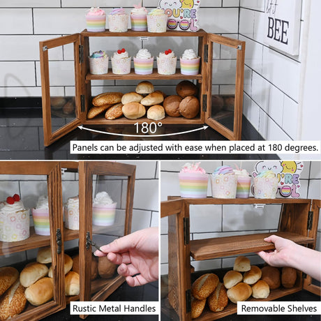 MOOCA Tempered-Glass Wood Display Case with Double Doors, Adjustable 2-Level Collection Display Case for Mini Funko Pop Figures, Bakery Pastry Container, Jewelry Organizer Storage, Brown Color MOOCA