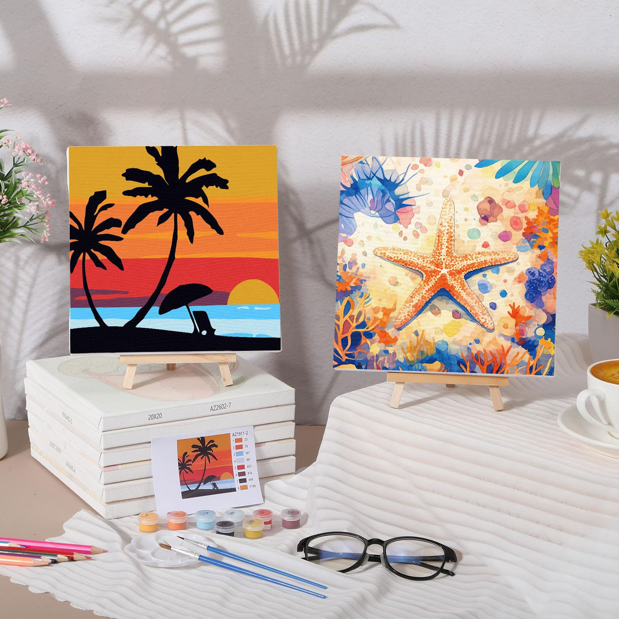 MotiMind 12 Sets Framed Paint by Number Kit for Adults with 12 Wooden Easels, 12 Disposable Apron, 12 Pigment 12 Brush, 12 Palette, DIY Acrylic Paint by Number Kits for Party(Summer) MotiMind