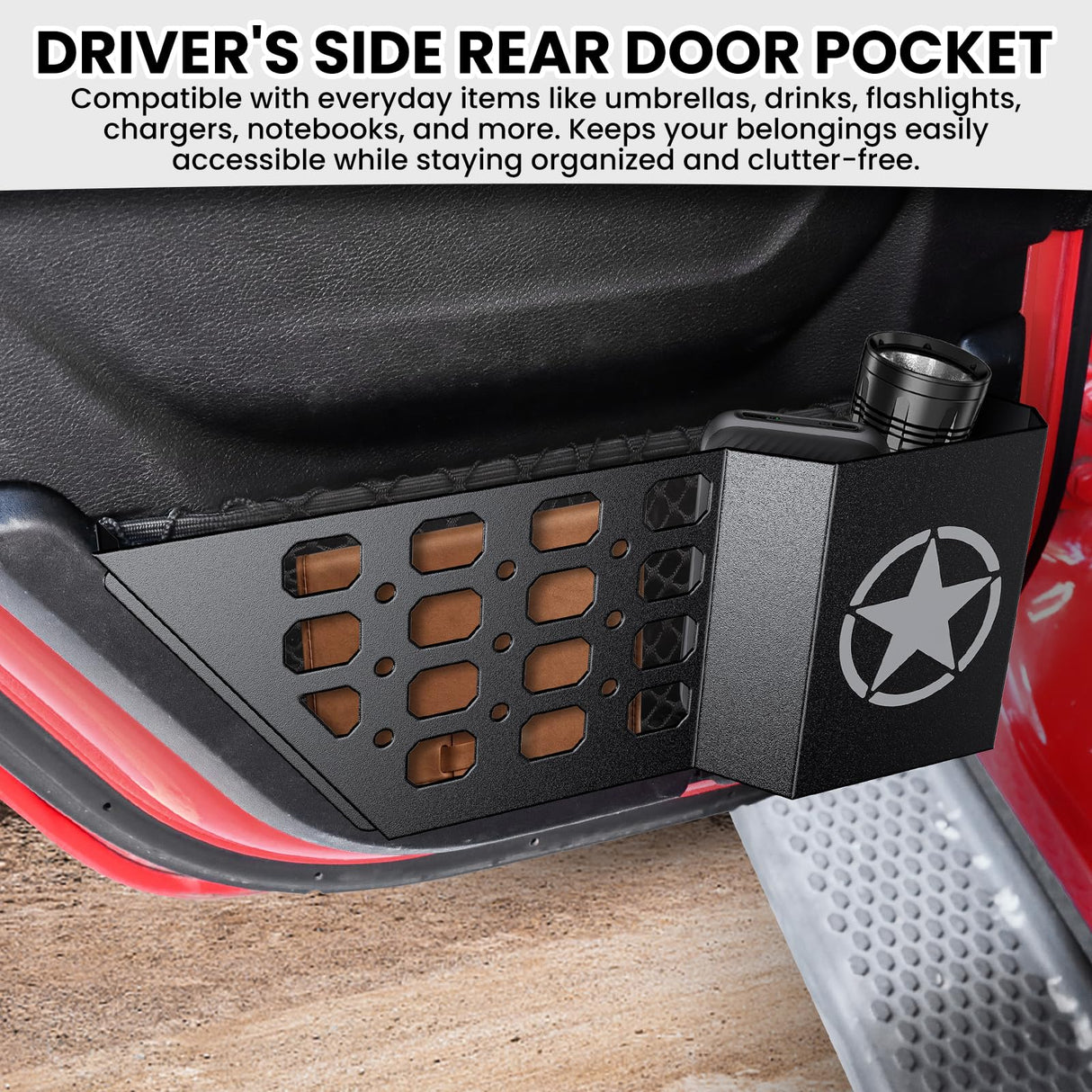DIAMOOKY Metal Rear Door Pocket Storage Box for Jeep Wrangler JL JLU 4XE 2018-2025 & Gladiator JT 2020-2022 2023 2023 2024 2025 Accessories Door Storage Organizer Molle Panels, Star, 2PCS DIAMOOKY