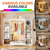 PAKASEPT Wardrobe Closet, 64.9" Freestanding Armoire System with 6 Display Storage Cabinet & Hanging Rods & 2 Wood Drawers, Cloth Garment Rack with Multi Color Light, Walk-in Closet, White PAKASEPT