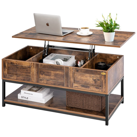 VIVOHOME Lift Top Coffee Table with Steel Frame, Dining Table with Open Storage and Hidden Compartment, Suitable for Living Room, Office, Small Apartment, Rustic Brown VIVOHOME