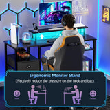 Furologee 51" Gaming Desk with Power Outlets & LED Lights, Reversible Computer Desk with File Cabinet & Monitor Stand for Home Office, Large Work Table with Storage Shelves & Drawer, Black Furologee