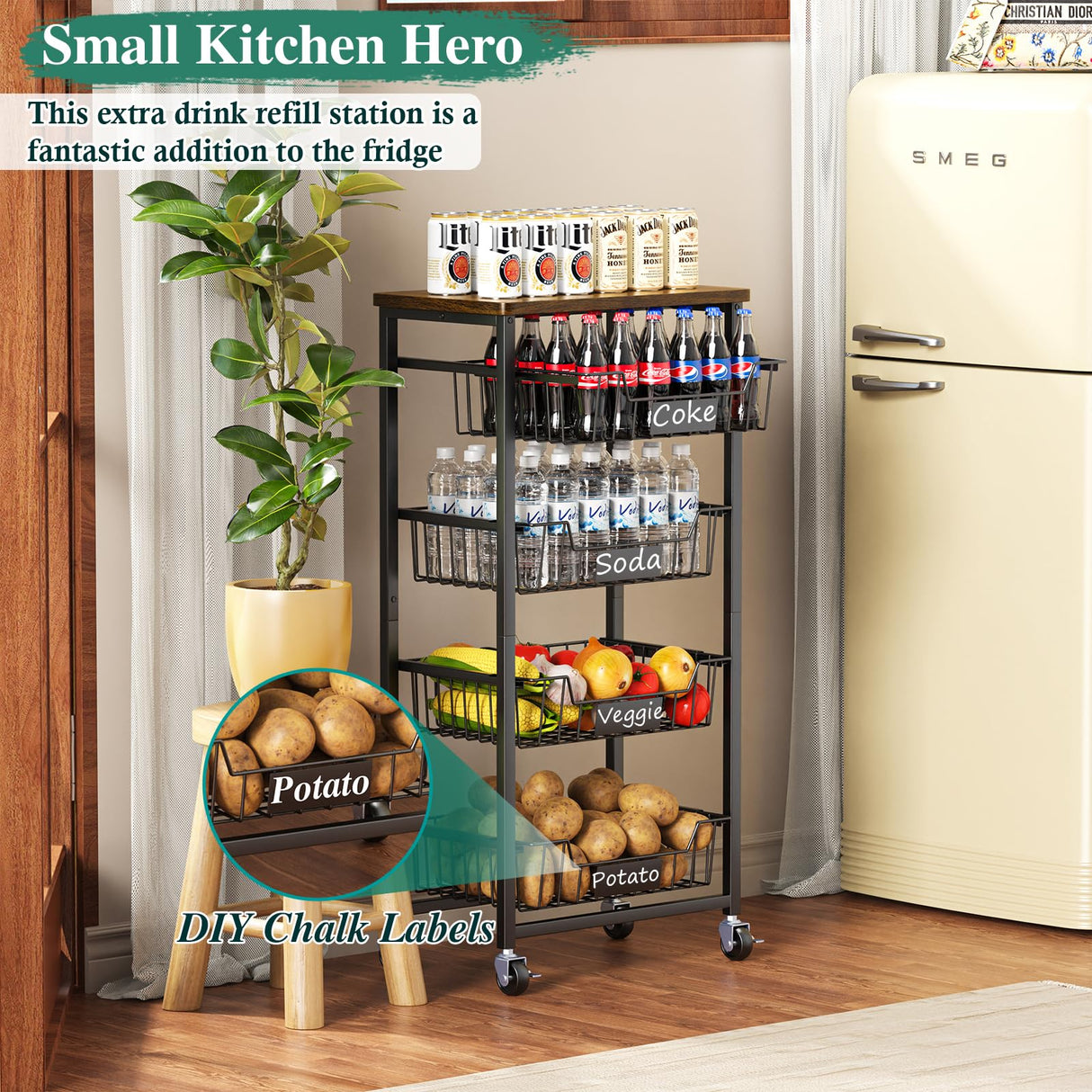 OKZEST Fruit Basket, 5-Tier Utility Kitchen Organizer and Storage Cart with Pull-Out Baskets and Wood Top, Rolling Pantry Kitchen Cart on Wheels for Fruit Potato Onion Vegetable Snack Produce OKZEST