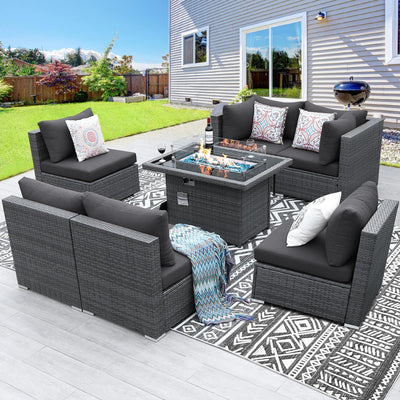 BULEXYARD 7 Piece High Back Outdoor Furniture Set with Fire Pit, Contemporary All Weather Wicker Patio Couch Sofa Set, Extra Large Modular 6-Seater Sectional Backyard Seating Wide Deep for Lawn, Grey