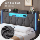 BYSAUD Queen Bed Frame with Storage Headboard & Hidden Storage, Upholstered Bed Frame Queen Size with LED Lights, with Charging Station, No Noise, No Box Spring Needed, Gray, Linen Cloth BYSAUD