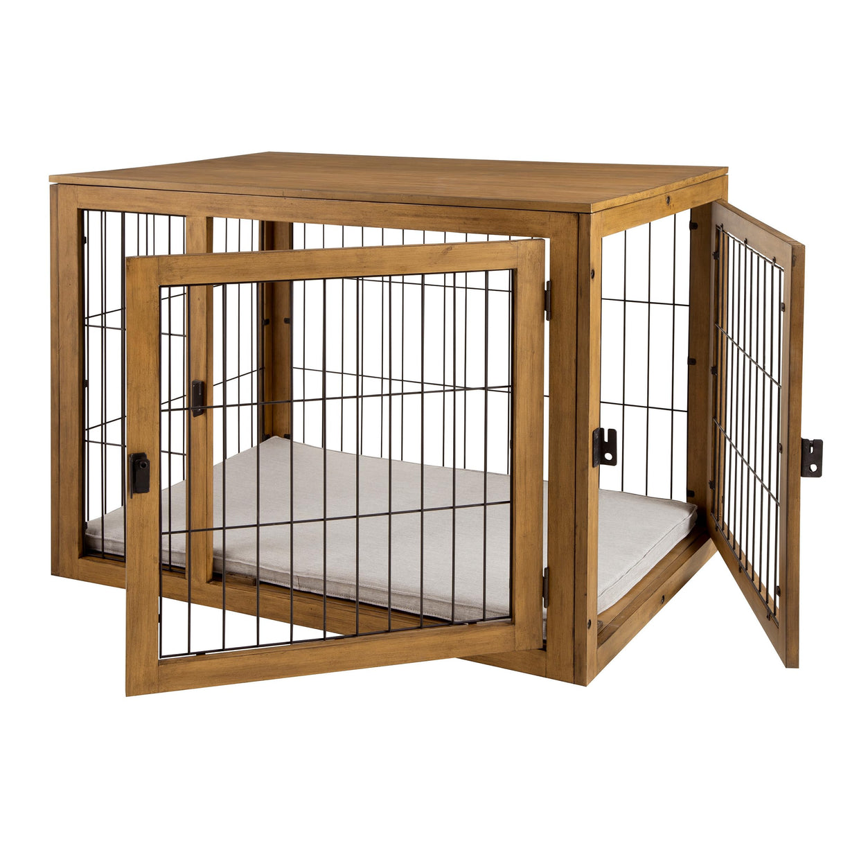 Furniture-Style Dog Crate - Acacia Wood Kennel for Medium Dogs with Double Doors and Cushion - Dog Cage Furniture by PETMAKER (Natural) PETMAKER