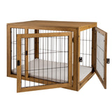 Furniture-Style Dog Crate - Acacia Wood Kennel for Medium Dogs with Double Doors and Cushion - Dog Cage Furniture by PETMAKER (Natural) PETMAKER
