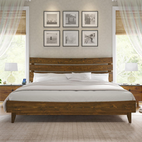VanAcc King Size Solid Wood Mid-Century Platform Bed with Slatted Headboard in Caramel VanAcc