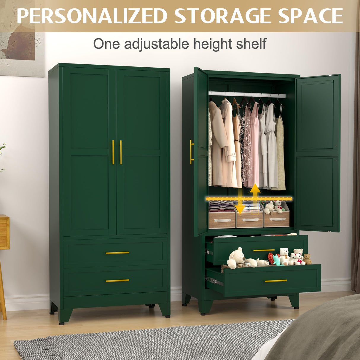 71" Metal Armoire Wardrobe Closet, Metal Wardrobe Cabinet with Hanging Rod (Green) GAIOUS