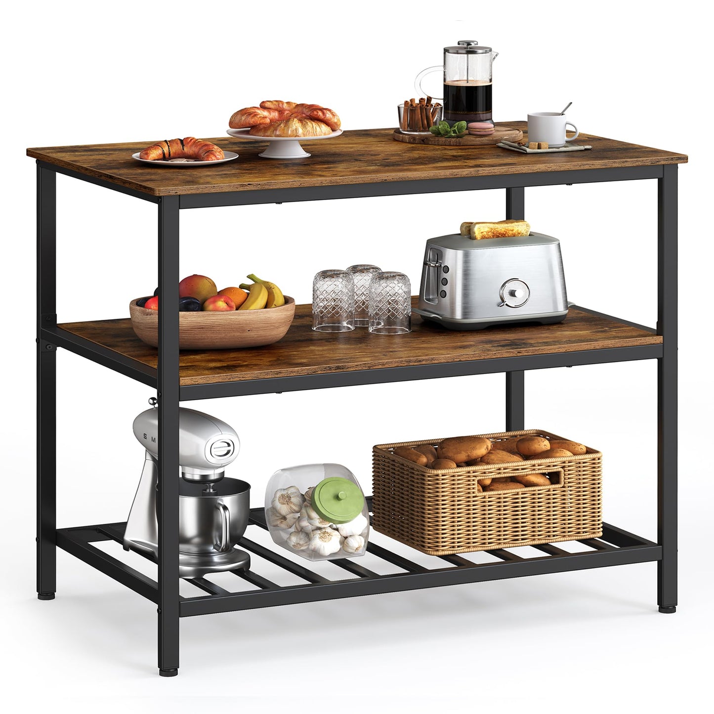 VASAGLE Kitchen Island with 3 Shelves, 39.4 Inches Width Kitchen Shelf with Large Worktop, Stable Steel Structure, Industrial, Easy to Assemble, Rustic Brown and Black UKKI005B01