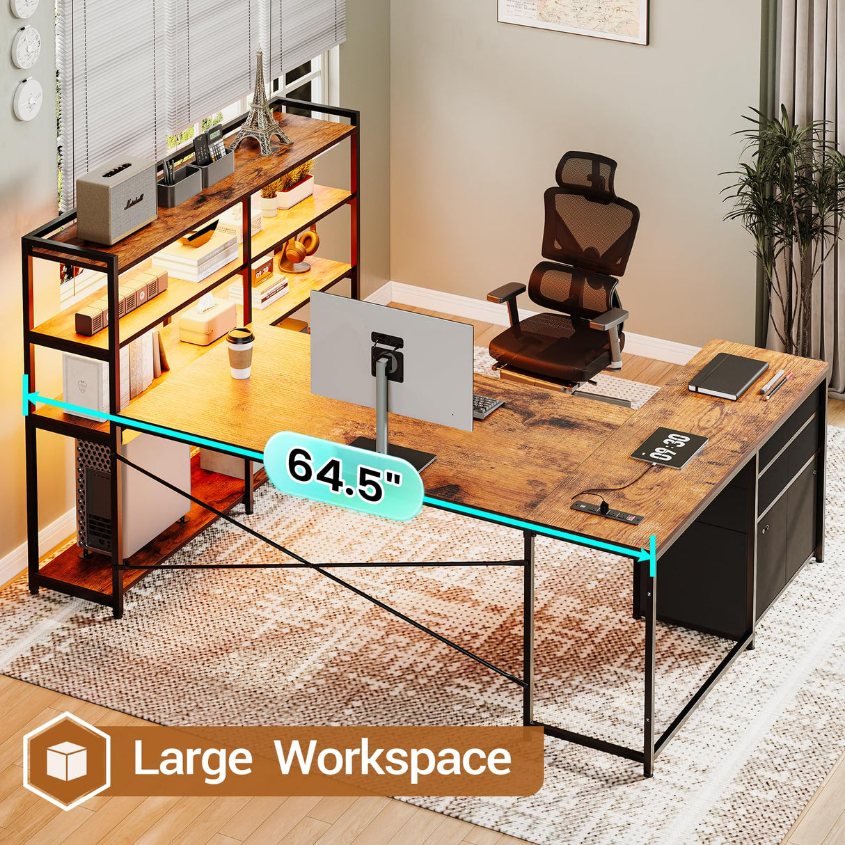SEDETA L Shaped Desk with Storage Shelves, 64.5" Reversible U Shaped Office Desk with 3 Fabric Drawers, Gaming Desk with Power Outlet & LED Strip, Rustic Brown SEDETA