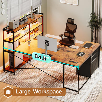 SEDETA L Shaped Desk with Storage Shelves, 64.5" Reversible U Shaped Office Desk with 3 Fabric Drawers, Gaming Desk with Power Outlet & LED Strip, Rustic Brown - WoodArtSupply