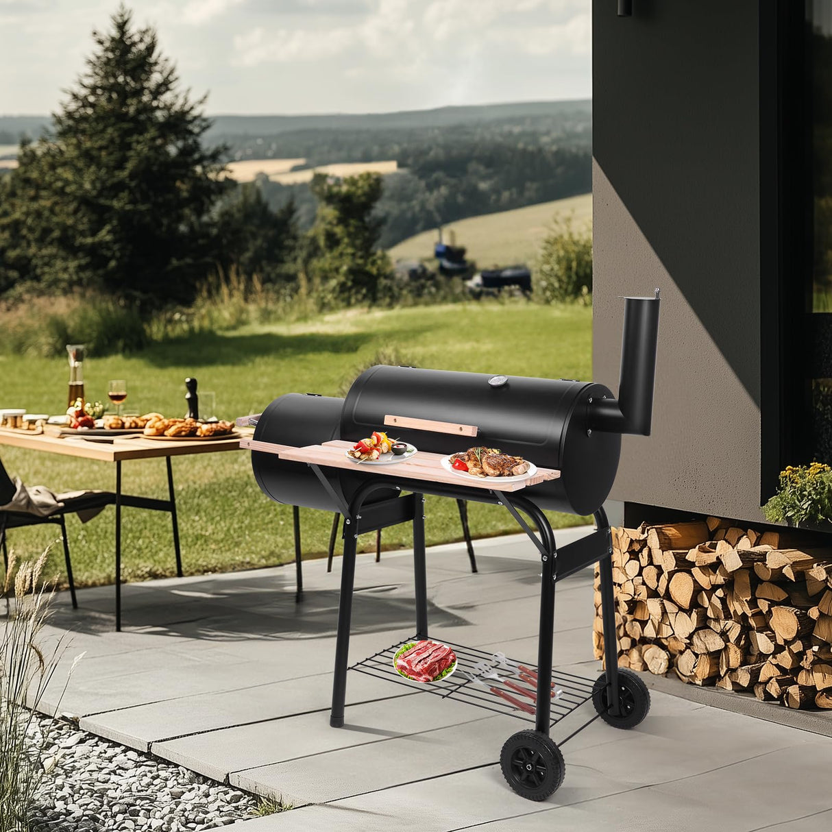 Outvita BBQ Charcoal Grill, Outdoor Patio Barbecue Cooker with Offset Smoker, Wheels and Tray for Balcony Picnics, Party and Camping Outvita