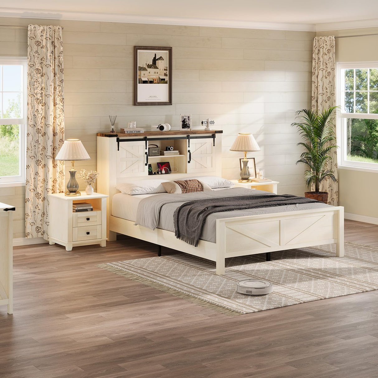 LUXOAK Farmhouse Bed Frame with Sliding Barn Door Storage Headboard, Full Size Bookcase Bed with Charging Station & Adjustable Shelf, No Box Spring Needed, Antique White LUXOAK