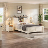 LUXOAK Farmhouse Bed Frame with Sliding Barn Door Storage Headboard, Full Size Bookcase Bed with Charging Station & Adjustable Shelf, No Box Spring Needed, Antique White LUXOAK