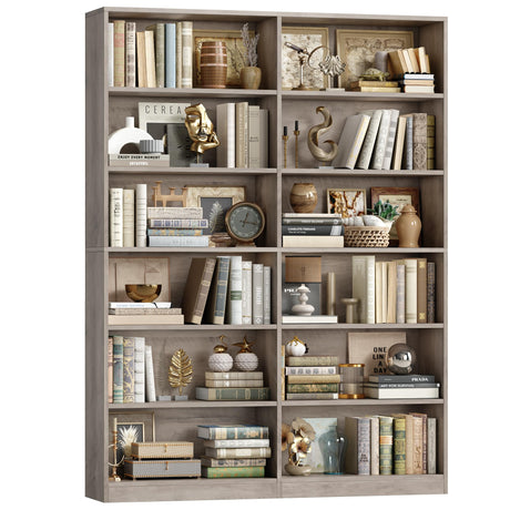 FACBOTALL Bookshelf and Bookcase, 6-Tier Double Wide Bookshelves, Freestanding Display Storage Shelves, Tall Bookcases for Home Decor Bedroom, Living Room, Home Office, Wash Gray FACBOTALL