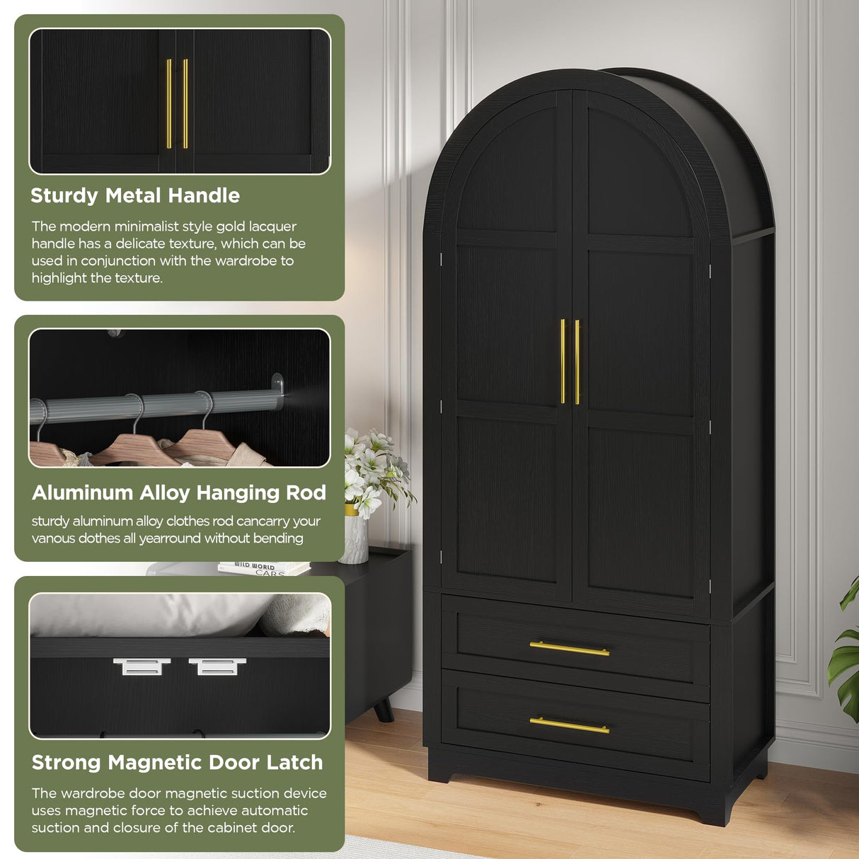 Maupvit Wardrobe Closet, Modern Armoire Wardrobe Closet with 2 Drawers and Arched Doors, 73" Tall Wooden Bedroom Armoires with Shelves and Hanging Rod, Black Maupvit