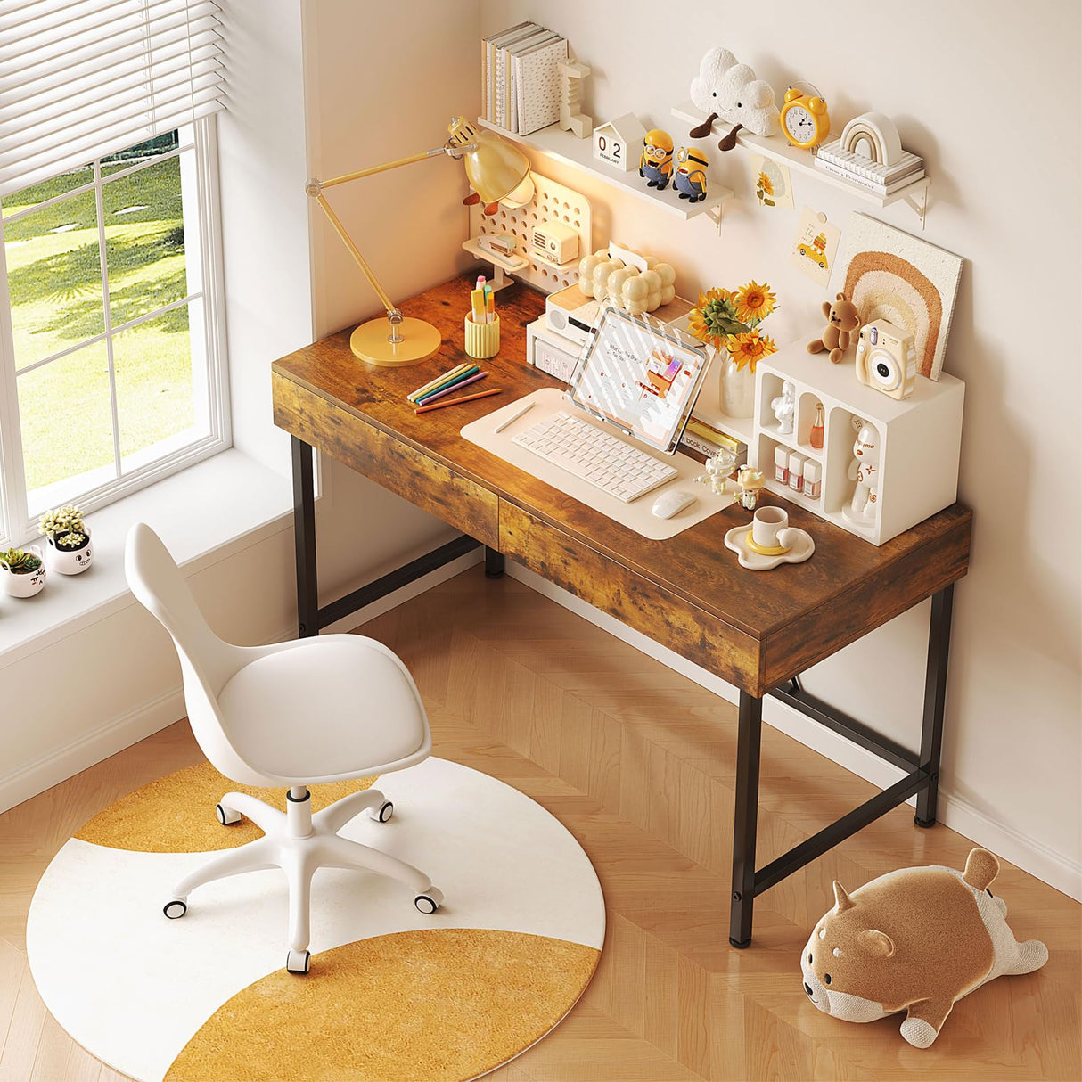 VERMESS 40Inch Solid Wood Desk with Drawers,Home Office Desk for Small Space,Modern Makeup Vanity Desk,Writing/Study/Work Table, Kids Desk for Bedroom (Wood, Rustic Brown) VERMESS