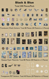 Knaid 200 Piece Vintage Ephemera Bundle - Paper & Sticker Kit for Junk Journaling, Scrapbooking, Planners, Bullet Journals, Collage, Decoupage - Black/Blue Tones Knaid