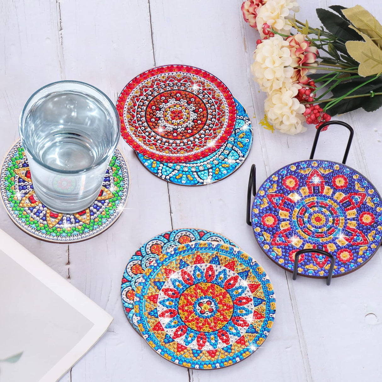 BSRESIN 8 Pcs Coasters with Holder, Mandala DIY Diamond Art Crafts for Adults, Small Diamond Painting Kits Accessories BSRESIN
