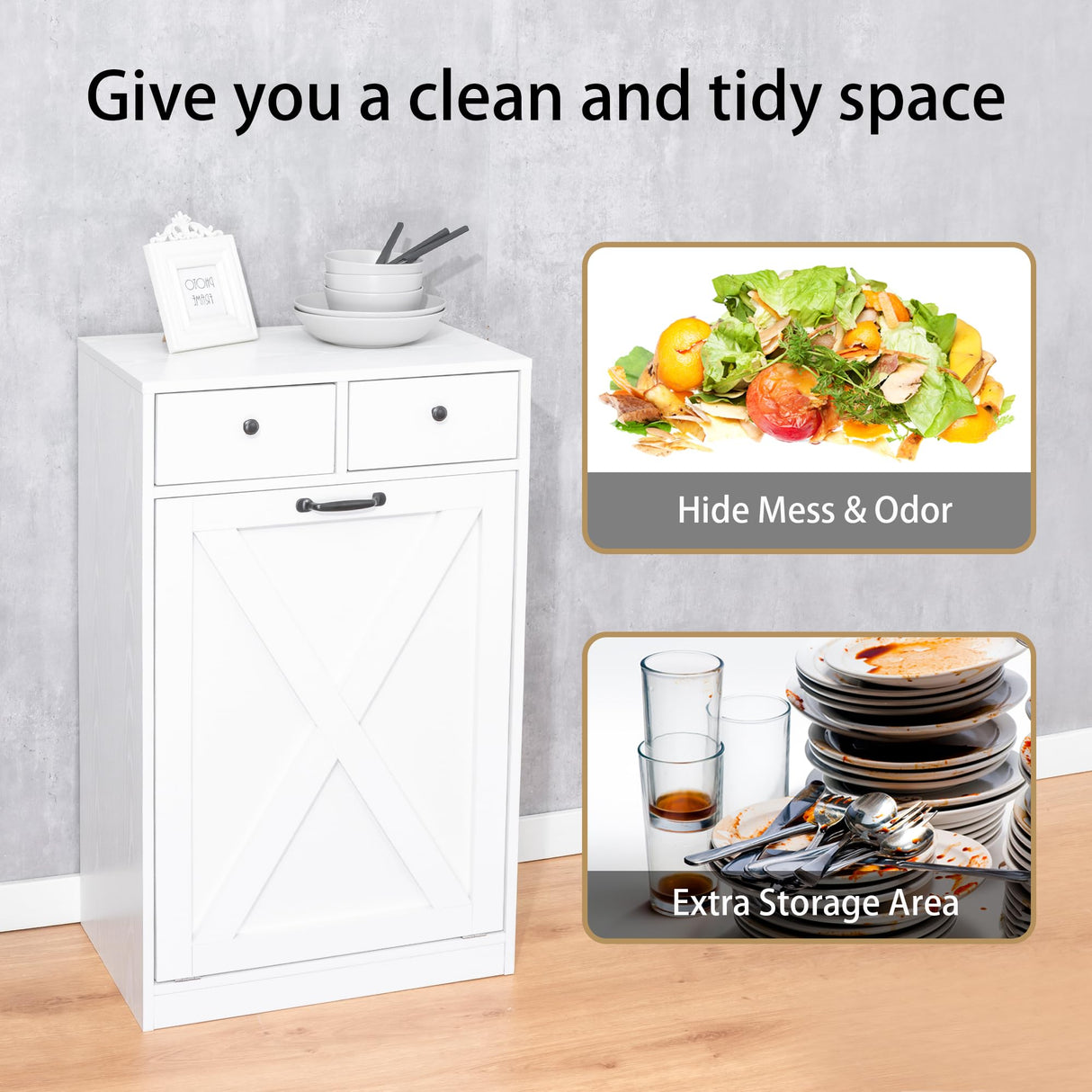 Zedesey 13 Gallon Tilt Out Trash Cabinet with 2 Drawers Wood Hidden Kitchen Recycling Cabinet Free Standing Pet Proof Trash Can Laundry Cabinet for Kitchen (White) Zedesey