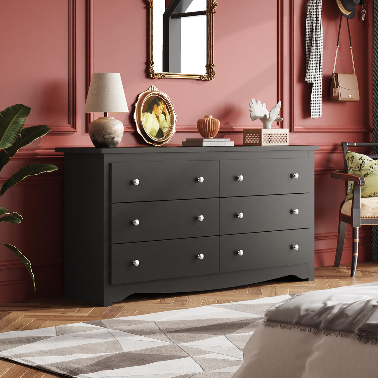 WLIVE Wood Black Dresser with 6 Drawer, Wide Chest of Drawers for Bedroom, Long Nightstand with Drawers, Modern Large Storage Tower Unit, Closet Store Organizer for Living Room WLIVE