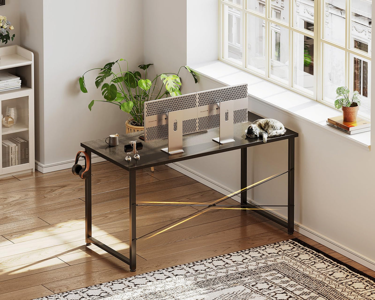 Casaottima 48 Inch Small Computer Desk for Home Office, Study Writing Table for Small Spaces, Simple Modern Desk with Headphone Hooks, Black Casaottima