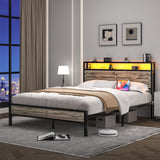 Full Size Bed Frame, Full Bed Frames with LED Lights and Charging Station, Farmhouse Platform Bed with Storage Headboard, Rustic Barn Door Design, Noise Free, No Box Spring Needed, Wash Grey CHABUILDREARK