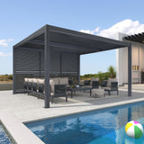 PURPLE LEAF Louvered Pergola 94AS 12' x 14' Outdoor Aluminum Pergola with Fixed Shutter Wall Adjustable Roof for Deck Backyard Grey Hardtop Gazebo, 1 Long Side PURPLE LEAF