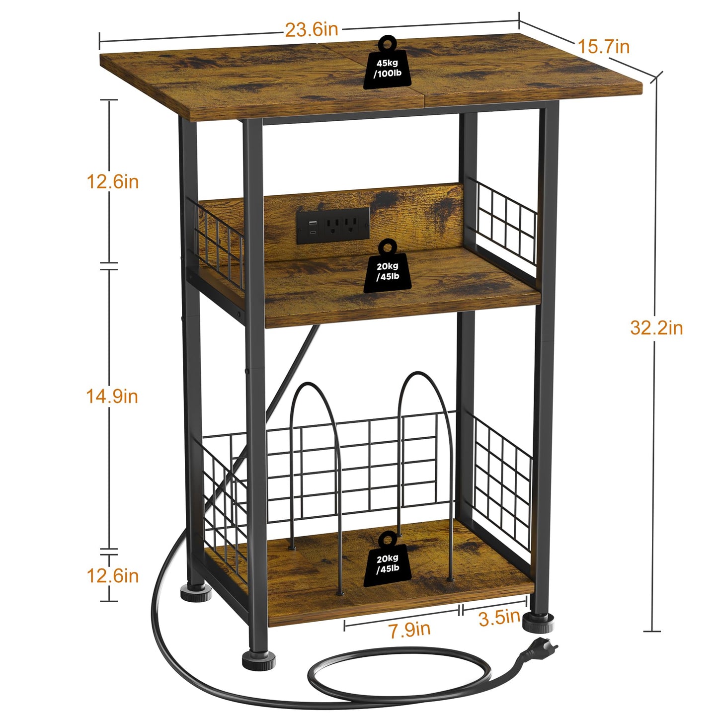 PLOOHT Record Player Stand - 3 Tier End Table with Charging Station, Turntable Stand for Vinyl Record Storage, Record Player Table for Living Room Bedroom (Rustic Brown) - WoodArtSupply